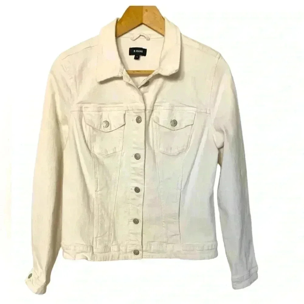R Jeans Bright White Jean Jacket, Trucker Style, Thick w a bit  of stretch